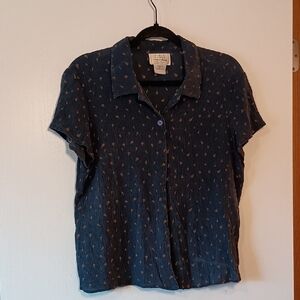 Field Manor Navy 100% Silk Short-Sleeve Button Front Blouse
